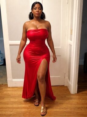 Strapless Red Maxi Dress with High Thigh Slit